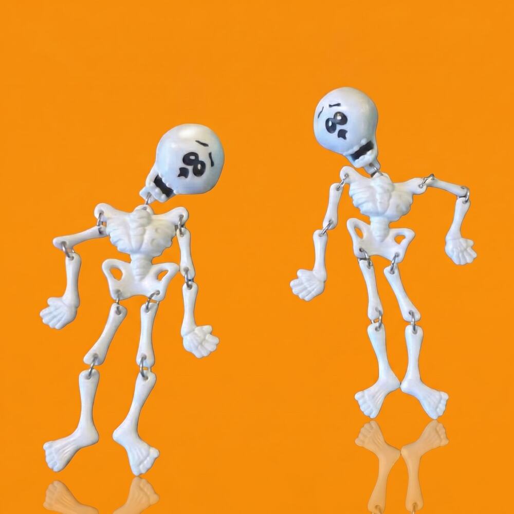 Vintage 1980s Skeleton Dangle Earrings | White Plastic "Dancing" Bones, Moveable